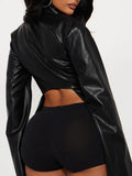 Streetwear Faux Leather Jacket for Women Lapel Collar Front Zip Hollow Cutout Flared Sleeve Slim for Autumn Outfits