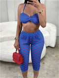 Wild Vacation 2 Piece Set Women Polka Dot Print Halter Tank Tops+Bike Shorts Stretch Matching Street Party Outfits