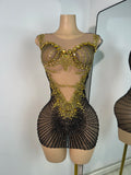 Sparkly Rhinestones Gold Black Long Dress Women Evening Prom Birthday Gown Sexy Transparent Performance Costume Stage Wear