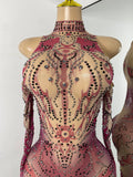 Sparkly Crystals Women Sexy with Sleeves Stretch Mesh See Through Jumpsuit Nightclub Stage Wear Performance Dance Costume