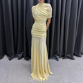 Luxury Galas Event Black Sheer Mesh Ruched Maxi Dress for Women O Neck Short Sleeves Bodycon Silhouette Skirt for Red Carpet