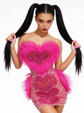 Sexy Strapless Mesh See-Through Mini Dress Women Eveing Party Sparkly Rhinestone Birthday Singer DJ Nightclub Bar Stage Costume
