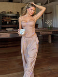 Floral Print Ruched Strapless Tube Top Elastic Waist Wide Leg Pants 2-Piece Set 2026 Summer Women Resort Bohemian Casual Outfit