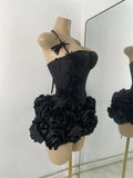 Black Bandage Floral Hather Top Short Skirt Set Women Sexy Backless Knitted Two Pieces Bandage Outfit Nightclub Wear