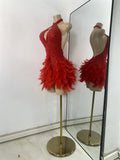 Sexy Halter Beading Feather Mini Dress For Women Backless Luxury Birthday Celebrity Evening Gowns Performance Wear