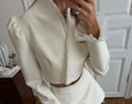 White Ruffle Stand Collar Peplum Skirt Set Romantic High Neck Long Sleeve Slim Co-ord 2026 Spring Wedding Dating Party Outfit