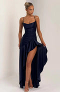 Sexy Satin Long Dress Luxury Ruffles Backless Bandage Evening Dresses Red Burgundy Blue Wedding Guest Cocktail Party Summer New