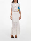 Summer Edge Date White Hollow Knit Two Piece Set for Women Button Accent Crop Top Mermaid Skirt Outfit for Casual Daily Wear