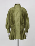 Olive Green Elegant Pleated Dress Women Fashion Solid Stand Neck Lantern Sleeve Double Breasted Loose Mini Dress Women