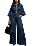 Women Suit Two Piece Denim Outfit Cropped Top Pleated Wide Leg Pants Puff Sleeve Vintage Streetwear Autumn