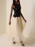 Hit Color Hollow Out Dresses for Women Round Neck Sleeveless High Waist Spliced Mesh Long Dress Female