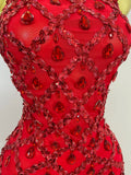 Luxury Sparkly Red Rhinestones Feather Sexy Mesh See Through Long Dress Women Birthday Evening Nightclub DJ Dancer Stage Costume