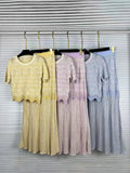 Elegant Two Piece Set For Women Multi Color Hollow Wave Knit Short Sleeve Crew Neck Scallop Hem Maxi Skirt For Daily Commute