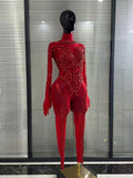 Singer Show Leotard Gogo Drag Queen Outfit Women Sexy Red Rhinestone Jumpsuit Stage Performance Costume Bar Club Birthday Party