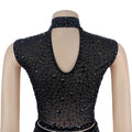 Sexy Mesh Rhinestone Bodycon 2 Pieces Set for Woman Outfits Solid Round Neck Sleeveless Crop Top + Skirt Female Clubwear