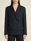 Navy Business Meetings Women's White Topstitch Trim Blazers Double Breasted Design Lapel Blazer for Office Commute