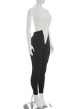Sexy Halter Jumpsuit Women Summer V-Neck Backless Patchwork Peach-Shaped Butt Elastic Tight Birthday Party Overalls