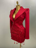 2026 Women Birthday Evening Party Nightclub Outfit Singer Wedding Costume Sparkly Crystal Chains Pearls Long Sleeve Mini Dress