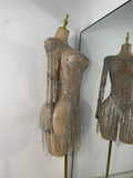 Sparkly Rhinestones Fringes Tight Bodysuit Women Sexy Mesh See Through Performance Stage Outfit Luxury Birthday Party Wear