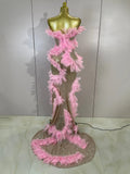 Women Evening Party Birthday Night Club PromGown Sexy Stage Wear Sparkly Sequins Pink Feather Mesh Sleeveless Mermaid Maxi Dres