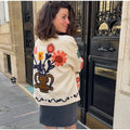Colorful Flower Printed Pattern Cardigan Women O Neck Long Sleeves Patch Pockets Loose Short Coat Women Daily Commute Outwear