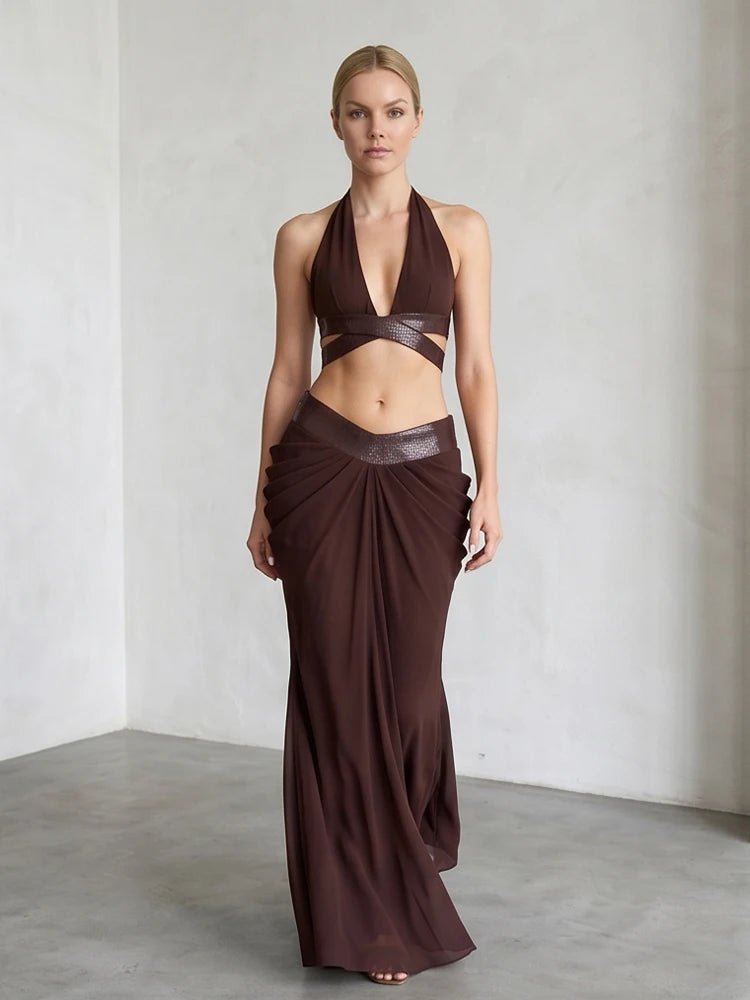 Women Metallic Trim 2 Piece Set Halter Deep V Cutout Crop Top High Waist Ruched Draped Mermaid Skirt Suit Lady Evening Outfit