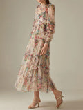 Patchworl Edible Tree Fungus Floral Dresses For Women Round Neck Long Sleeve High Waist Temperament Folds Mesh Dress Female