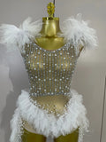 Luxury Sparkly Rhinestones Pearl Fringe Tassel Bodycon Bodysuits Birthday Photo Shoot Outfit DJ Nightclub Performance Stage Wear