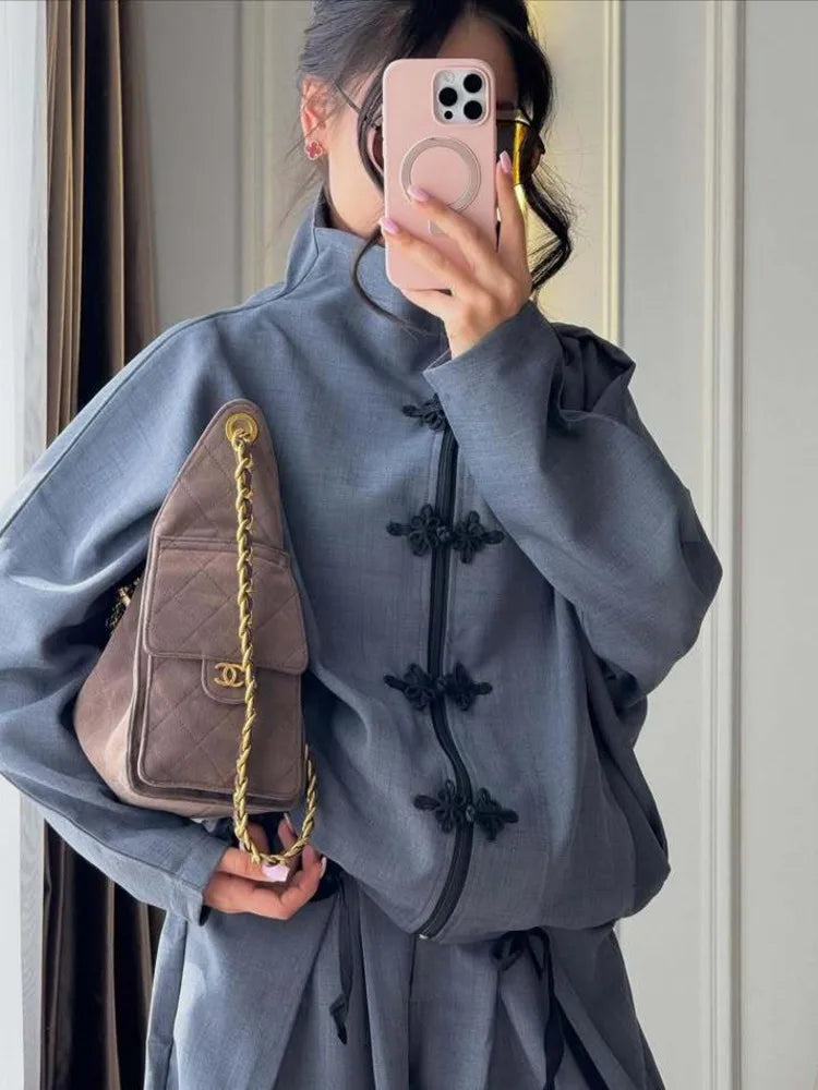 Women 2026 Spring Chinese Style Two Piece Outfit Mandarin Collar Frog Button Oversized Top High Waist Wide Leg Pants Set
