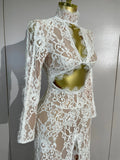 Women Long Sleeve Evening Party Club Bar Birthday Celebrity Gowns Sexy White Lace High Neck Hollow Out Design Bodycon Long Dress