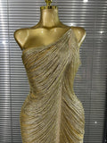 Shining Sequins Tassels Women Sexy One Shoulder Bodycon Long Bandage Dress Elegant Evening Party Celebrate Cocktail Outfit