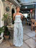 White Floral Print Two Piece Set Spaghetti Strap Ruffle Corset Top Strap Wide Leg Pants 2026 Summer Street Casual Women Outfit