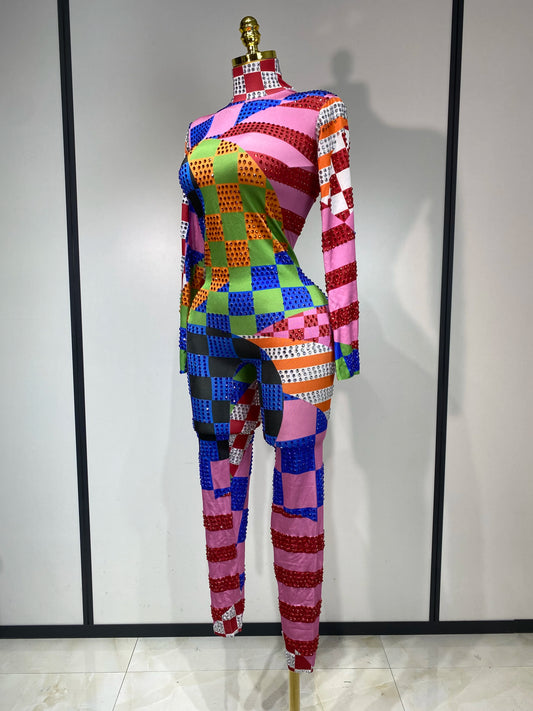 Colorful Printed Sparkly Rhinestones Jumpsuit Women Sexy Long Sleeve Performance Dance Costume Stage Evening Party Club Outfit