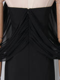 Award Ceremonies Black Halter Maxi Gown for Women Deep V Neck Sheer Cape Sleeves Backless Chiffon Skirts for Formal Galas