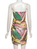 Sequin Patchwork Sling Dress Woman Colorful Print Low-Neck Backless Skinny Peach Hip Evening Party Sexy Mini Bodycon