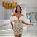 Luxury Beaded Glam Off-the-shoulder One-word Collar Short Dress Socialite Birthday Party Performance Wear Cocktail Formal Gown