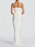Sexy White Satin Maxi Dresses for Women Square Collar Sleeveless Tunic Fishtail Classic Dinner Dress Female Fashion
