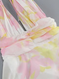 Halter Deep V Maxi Dress for Women Tie back Backless Asymmetrical Ruffle Floral Print Ruched Waist Split for Beach Vacation