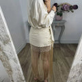 Beige Embroidered Long Tunic Top V Neck Long Sleeve Lace Fringe Hem Boho Blouse 2026 Summer Beach Vacation Cover‑up Streetwear