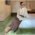 Fashion Women's See Through Blouse Long Skirt Set Lapel Deep V-neck Full Sleeve Lace Up Shirt Stripe Irregular Skirts 2026 Suit