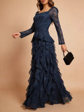 Wedding Guest Pink Square Collar Lace Maxi Dress for Women Corset Bodice Long Sleeve Tiered Ruffle Skirt for Luxury Dinner