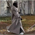 Grey Double-Breasted Long Coat with Notched Lapels