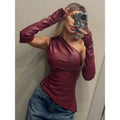 Sleeveless Skew Collar PU Leather Vest With Sleeves Top Two Pieces For Women Streetwear Fashion Slim Crop Tops Punk Style