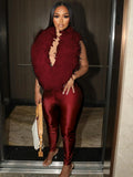 Sexy Feather Patchwork Jumpsuit Women Deep V-Neck Halter Backless Stretch Skinny Street Midnight Activity Clubwear