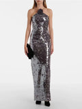 Women Elegant Chest Flower Sequin Halter Maxi Dress Backless Sexy Long Dresses Summer 2026 New Fashion Evening Party Gown