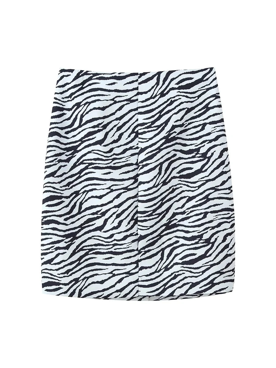 Zebra Stripe Print Two Piece Set for Women Lapel Long Sleeve Spliced Zipper Short Coat Mid Waist Knee Skirt Female