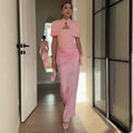 Satin Mermaid Maxi Dress Women Shoulder Pad Cutout Stand Collar Ruched Bodycon Evening Gown Wedding Prom New Hot Luxe Gowns 2026