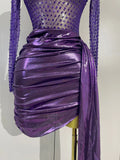 Sexy Mesh See Through Purple Long Sleeves Mini Dress Luxury Sparkly Diamond Birthday Evening Party Nightclub Team Stage Costume