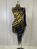 Women One Shoulder Latin Dance Outfits Sexy Leopard Print Sparkly Diamond Tassel See-Through Dress Nightclub Party Stage Costume