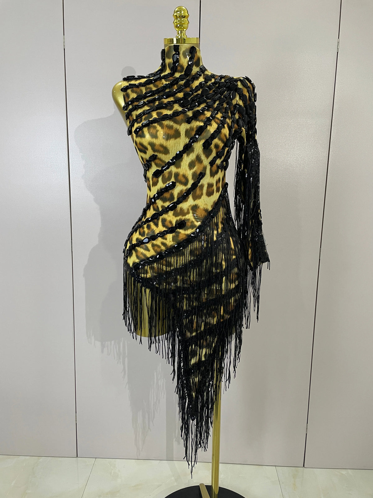 Women One Shoulder Latin Dance Outfits Sexy Leopard Print Sparkly Diamond Tassel See-Through Dress Nightclub Party Stage Costume